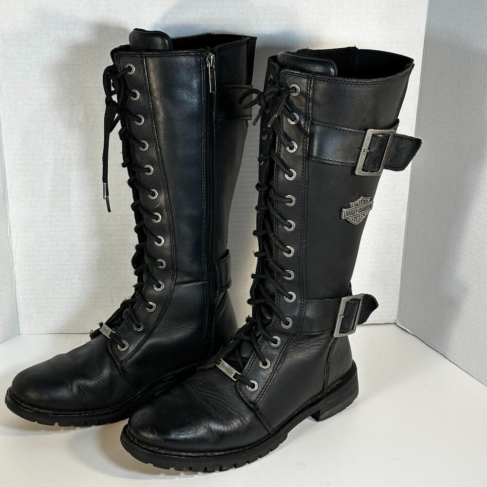 Harley-Davidson Black Leather Lace-Up Buckle Heeled Motorcycle Boots - Picture 2 of 16
